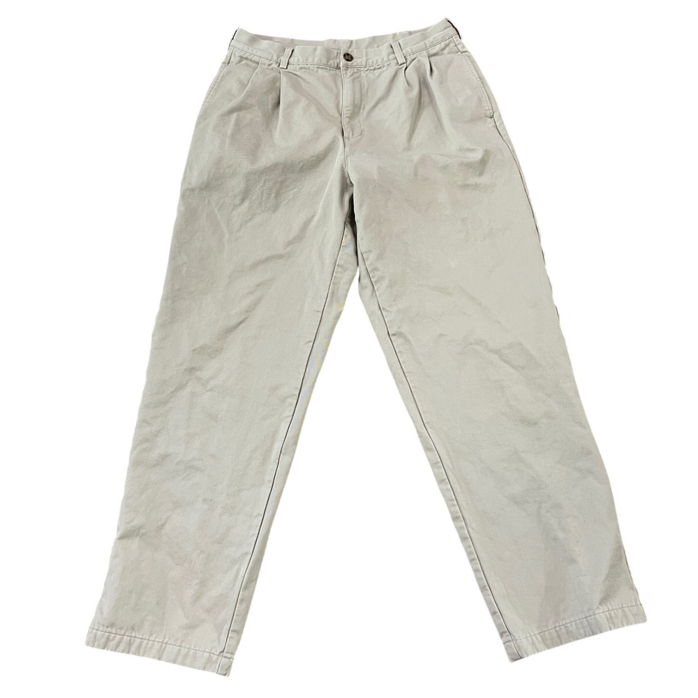 LL Bean Natural Fit Flannel Lined Chinos Mens 35x34 Khaki Pleated‎ Cotton Pants